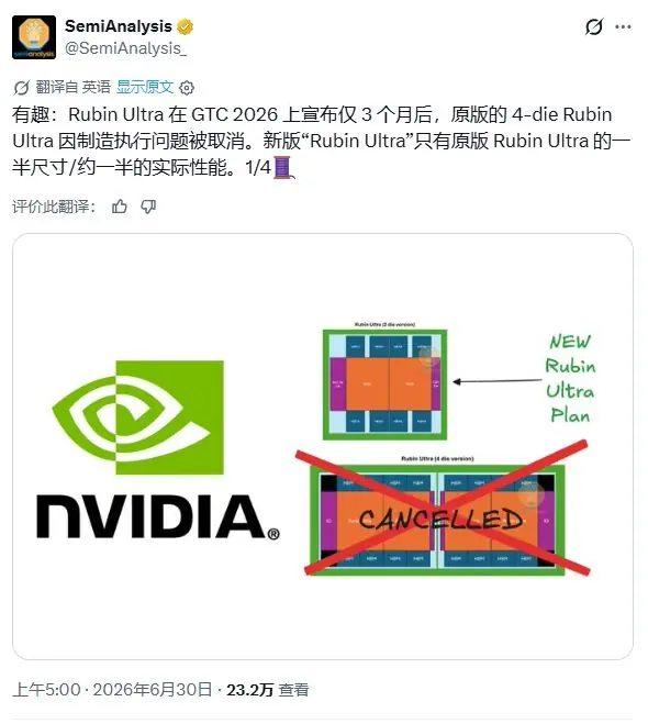 曝英伟达4芯片Rubin Ultra“发布仅三个月后就遭取消”引热议，SemiAnalysis称“英伟达份额正被侵蚀”