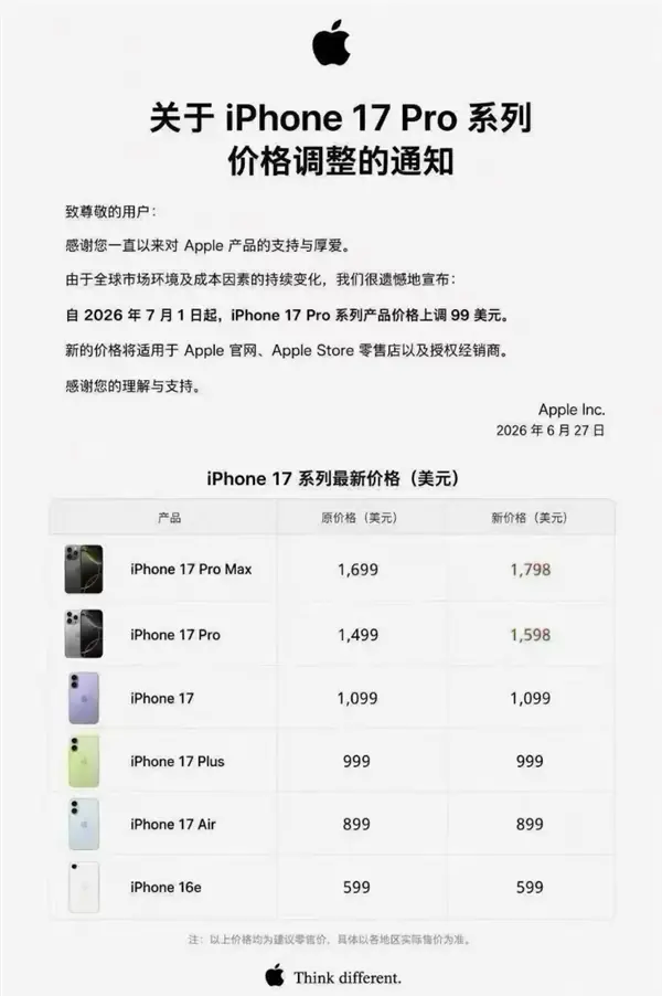 苹果多款硬件涨价15%—20%，iPhone 17 Pro Max成抢购热点
