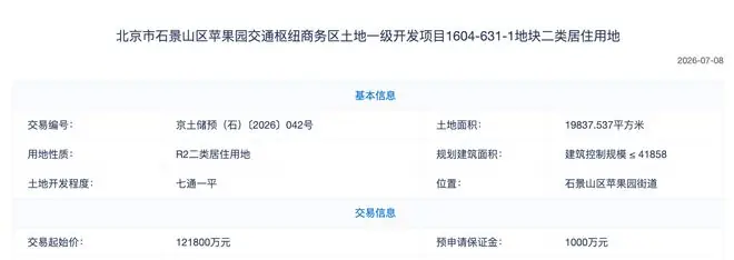 12.18亿元!石景山苹果地块预申请,楼面价比越秀天玥便宜1.4万