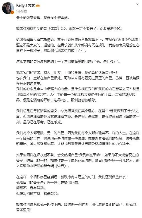 于文文发长文劝退新专辑：不迎合大众，只给懂的人听