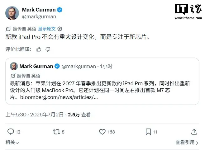 古尔曼:苹果2027春季更新iPad Pro机型,升级M6/M7芯片