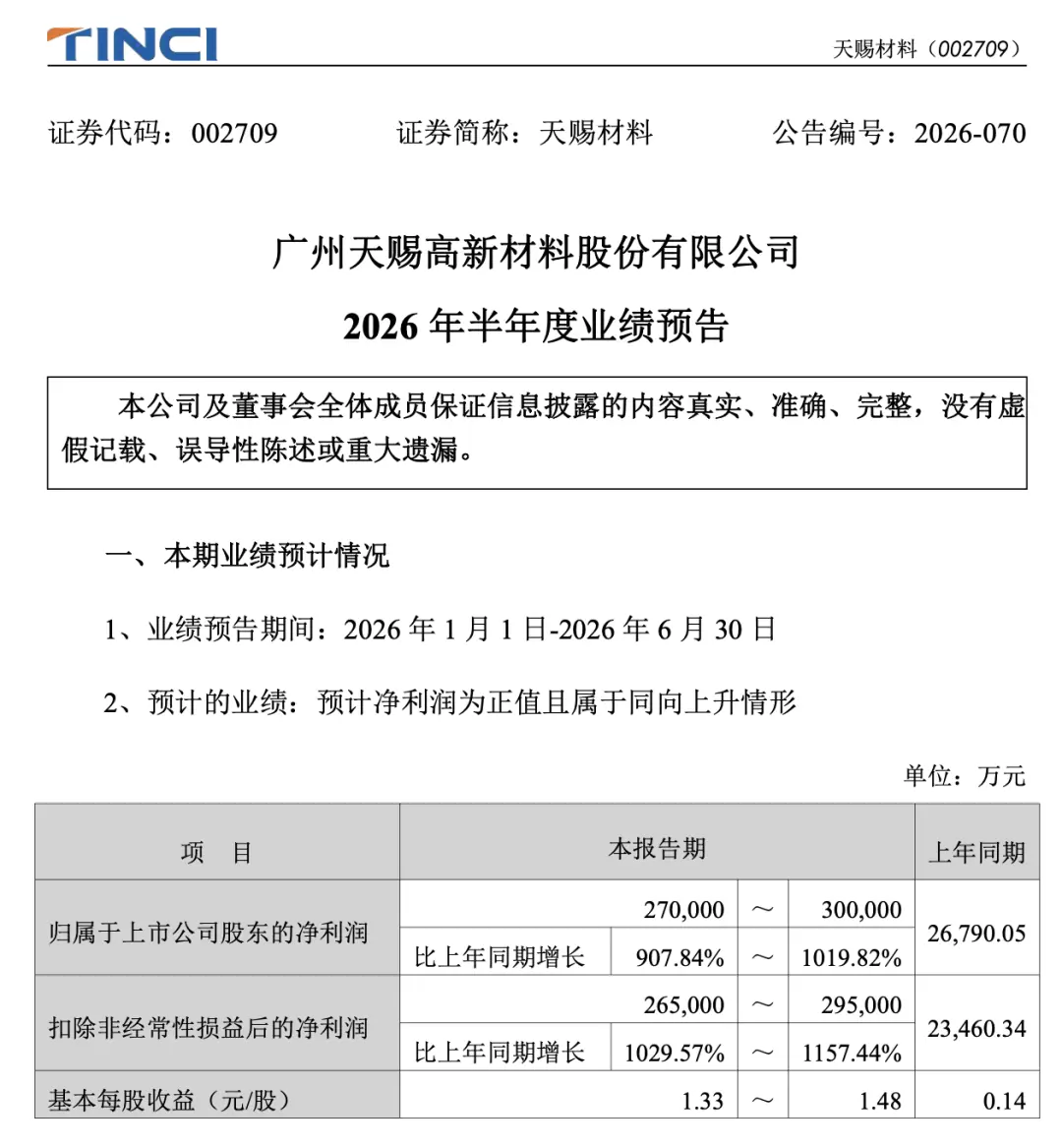 电解液龙头，上半年净利最高预增超10倍