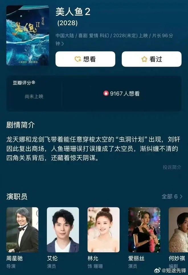 周星驰导演电影《美人鱼2》或将在2028年上映,杀青已8年,由艾伦、林允主演,邓超、张雨绮未出演,已有11万人标记想看