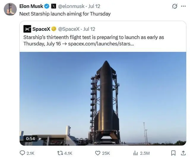 SpaceX星舰周四进行第13次试飞 20颗V3卫星将首次部署
