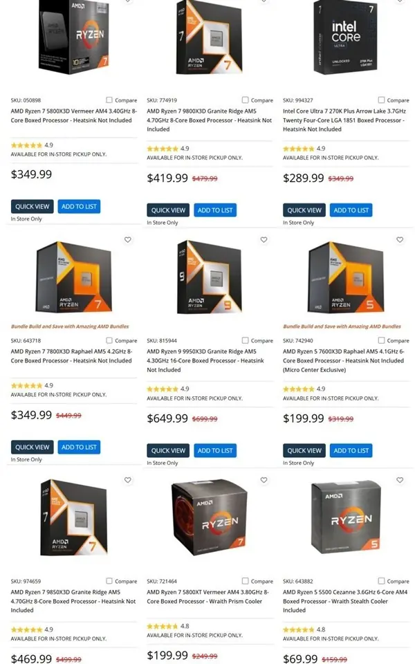 AMD锐龙X3D处理器霸榜Micro Center销量前十,Radeon显卡份额持续攀升