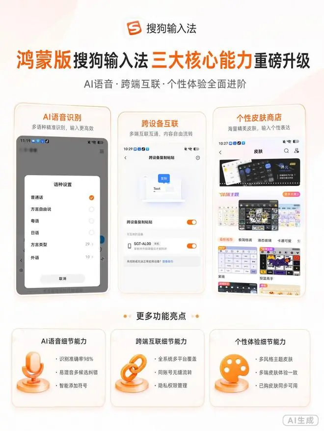 鸿蒙版搜狗输入法重磅更新：AI语音识别、跨设备互联、个性化体验三重升级